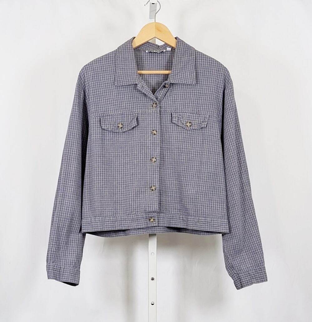 Vintage 90s Jacket Blue Tan Plaid Cropped Linen Cotton Women's Size L